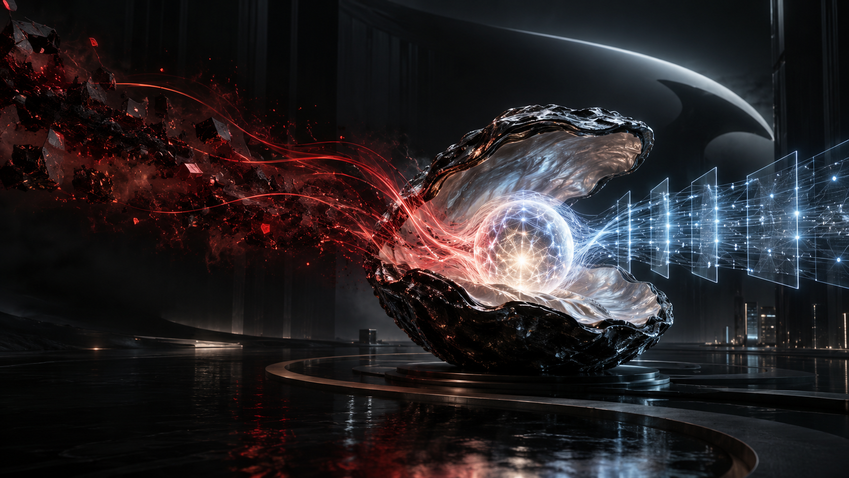 An oyster's shell open around a luminous data pearl, red fractured currents pulling in from one side and a translucent blue-white grid of security gates meeting it from the other, set against a dark city waterline — a visual metaphor for a security AI reasoning about an attack while every real action stays gated and controlled.